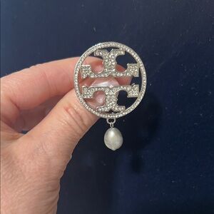 Tory Burch Silver Crystal Logo Brooch with Dangling Pearl